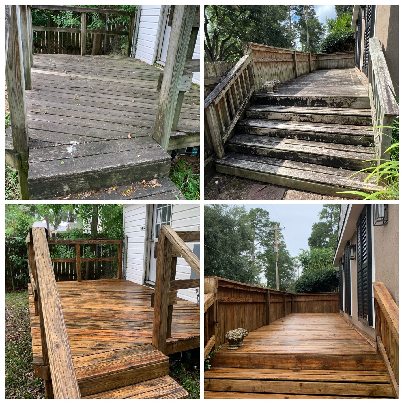 Wood deck and stairs before cleaning in top row and after cleaning in bottom row