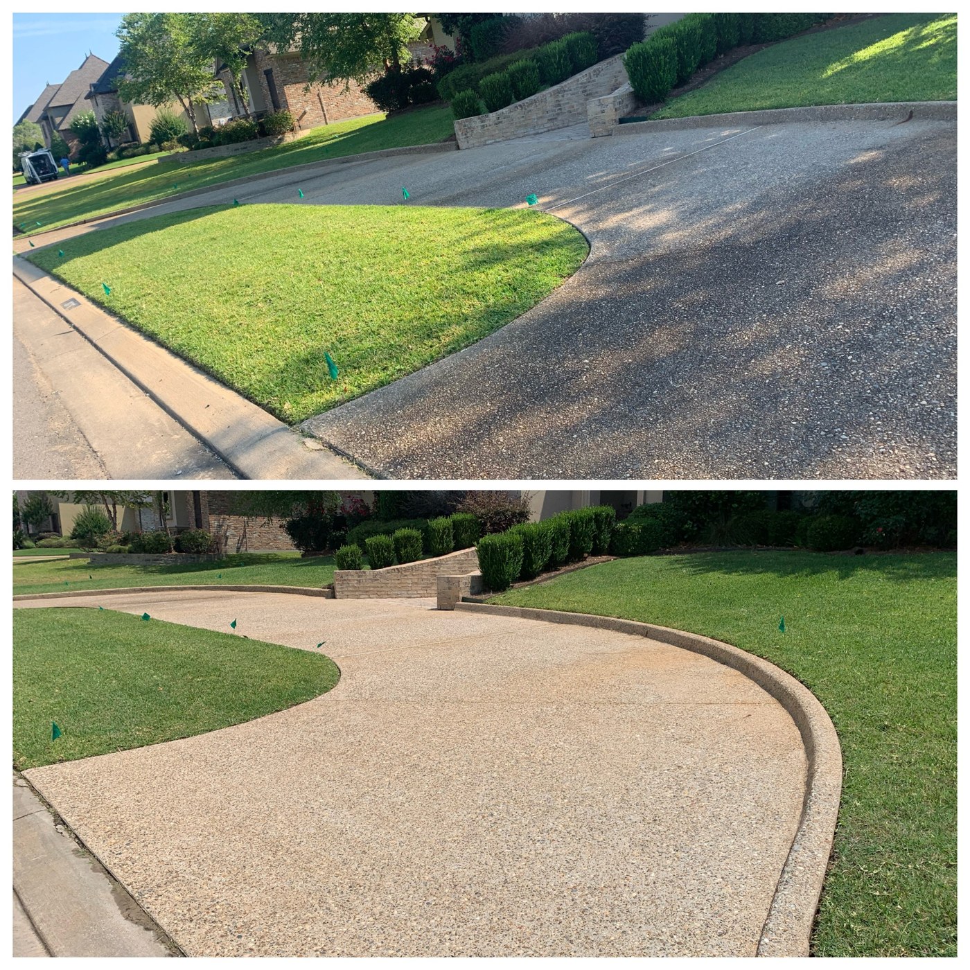 Driveway before cleaning on top and after cleaning below