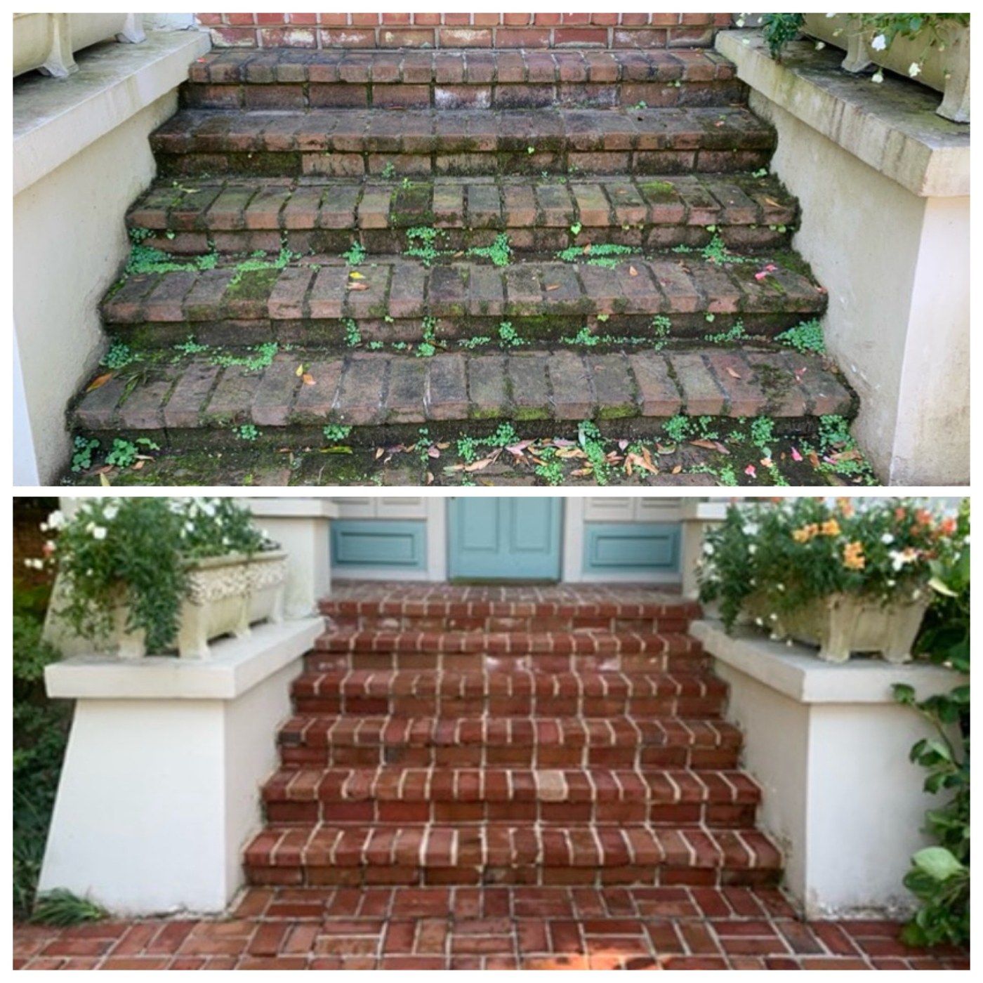 Brick steps before cleaning on top and cleaned brick steps below