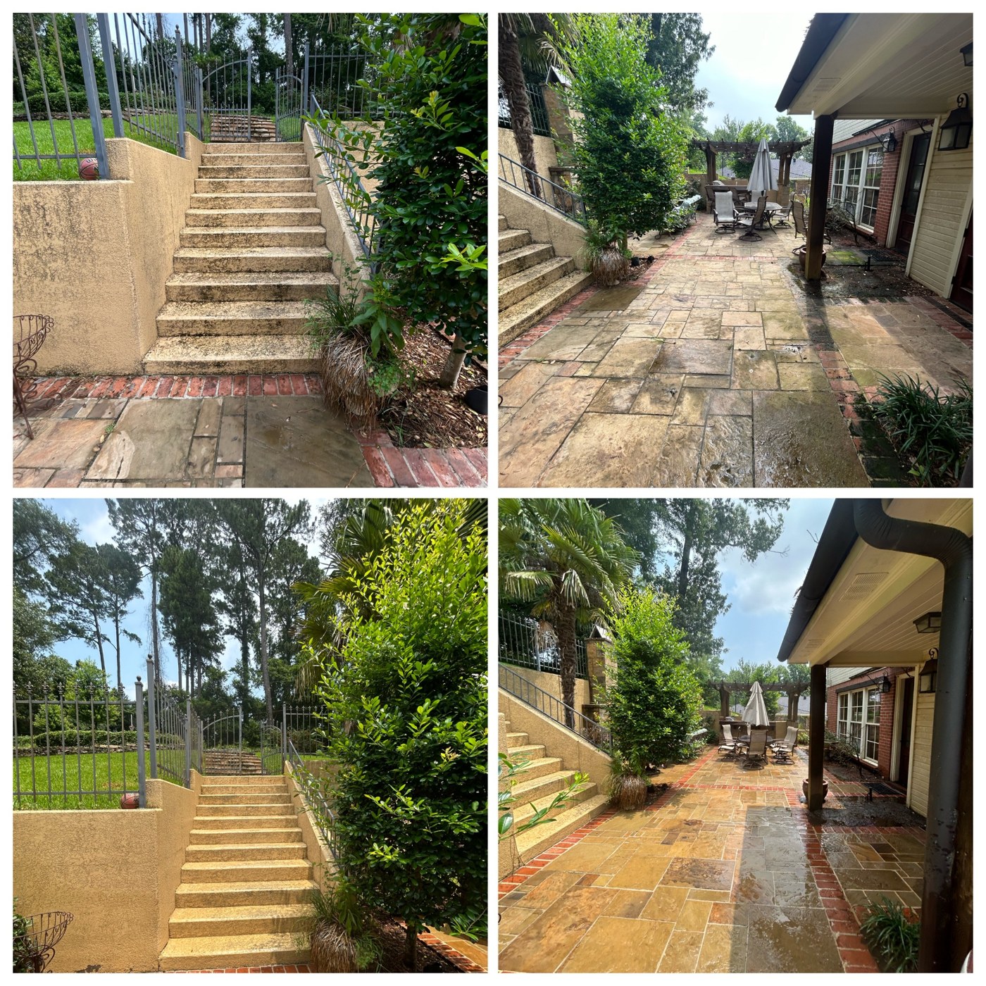 Stone patio and stairs before cleaning in top row and after cleaning in bottom row